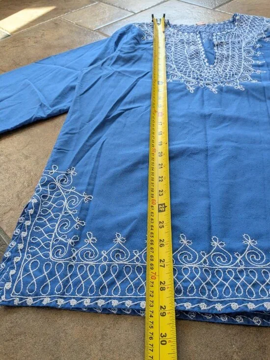 Moroccan Embroidered Tunic Top Women’s L Blue White Boho Kaftan Gandoura Shirt - Picture 7 of 8
